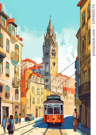 Illustration of a portuguese city with a tram, Portugal Illustration of a portuguese city with a tram, Portugal 104468574