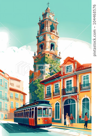 Illustration of a portuguese city with a tram, Portugal Illustration of a portuguese city with a tram, Portugal 104468576