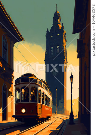 Illustration of a portuguese city with a tram, Portugal Illustration of a portuguese city with a tram, Portugal 104468578