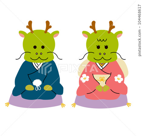 Vector illustration of a dragon boy and girl wearing New Year's kimono Vector illustration of a dragon boy and girl wearing New Year's kimono 104468617
