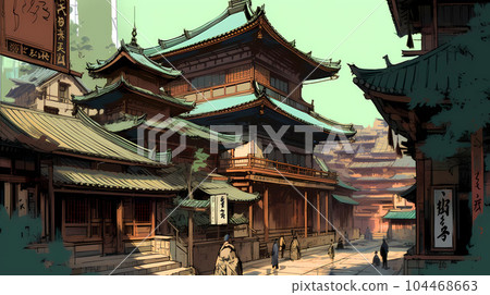 Illustration of beautiful view of Itsukushima Shrine, Japan 104468663