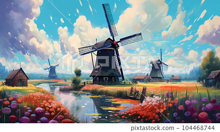 Illustration of a beautiful rural landscape with windmills 104468744