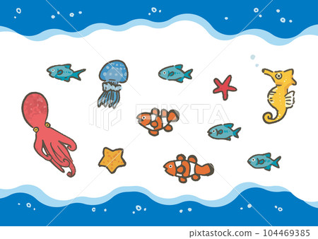 手繪波浪中的魚（按對象） 104469385