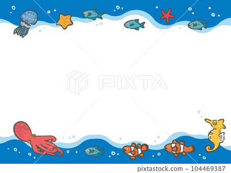 Frame of fish riding a hand-drawn wave (horizontal) 104469387