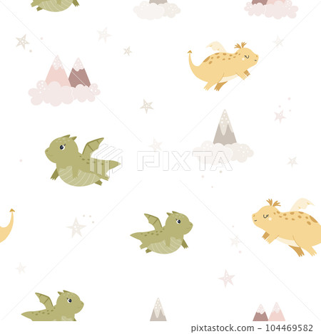 Childish seamless pattern with cute dragons and... - Stock Illustration ...