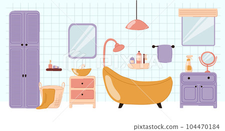 Bathroom interior design in a doodle style. Vector illustration of bathroom with bath, sink, mirror, laundry basket, window. Bathroom interior design in a doodle style. Vector illustration of bathroom with bath, sink, mirror, laundry basket, window. 104470184