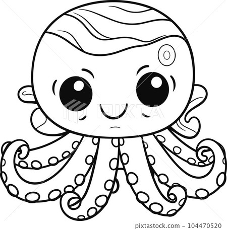 Cute cheerful octopus vector graphics. Vector drawing for children's colorings, black on white for coloring cartoon style Cute cheerful octopus vector graphics. Vector drawing for children's colorings, black on white for coloring cartoon style 104470520