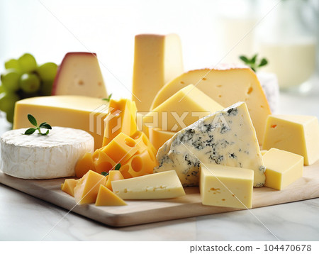 assorted cheese presented on a white table assorted cheese presented on a white table 104470678