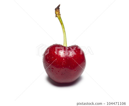 Juicy cherries in water droplets on a white background. Useful food. Beautiful berries isolate. Ripe berries on the table. Ingredient for a dish. 104471106