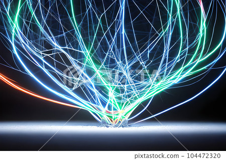 Abstract 3d render blue bright neon glowing laser futuristic dimensional background. 104472320