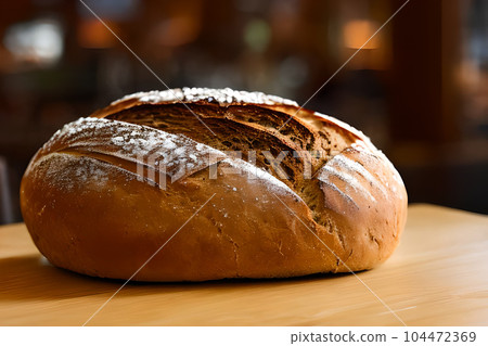 Single Sourdough big bread at the table. Single Sourdough big bread at the table. 104472369