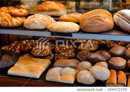 Various bread selling at the display bakery shop shelf. Various bread selling at the display bakery shop shelf. 104472370