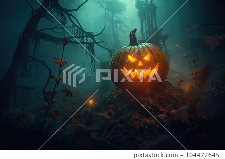 halloween background with scary pumpkin in a dark forest at night 104472645