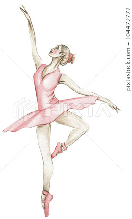 Watercolor dancing ballerina in red dress. Isolated dancing ballerina. Hand drawn classic ballet performance, pose. Young pretty ballerina women illustration. Can be used for postcard and posters. 104472772
