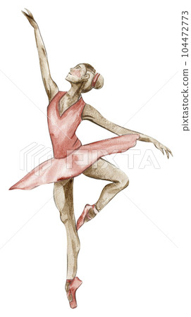 Watercolor dancing ballerina in red dress. Isolated dancing ballerina. Hand drawn classic ballet performance, pose. Young pretty ballerina women illustration. Can be used for postcard and posters. 104472773