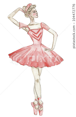 Watercolor dancing ballerina in red dress. Isolated dancing ballerina. Hand drawn classic ballet performance, pose. Young pretty ballerina women illustration. Can be used for postcard and posters. 104472776