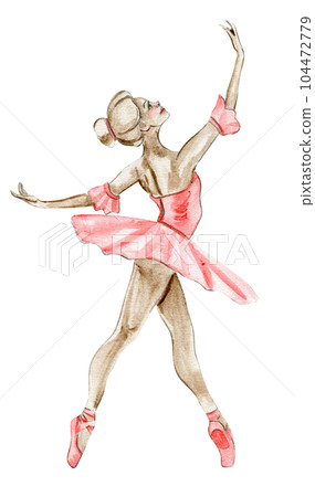 Watercolor dancing ballerina in red dress. Isolated dancing ballerina. Hand drawn classic ballet performance, pose. Young pretty ballerina women illustration. Can be used for postcard and posters. 104472779