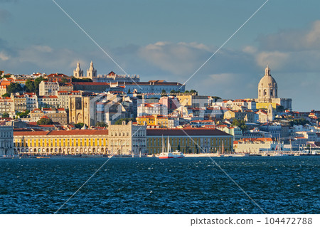 View of Lisbon over Tagus river from Almada with yachts tourist boats on sunset. Lisbon, Portugal 104472788