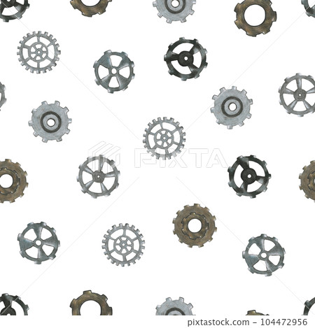 Hand-Drawn Steampunk Gear Transmission Element Seamless Pattern on White Background. Digital Paper with Metal Gear Illustration Drawn by Colored Pencil. Hand-Drawn Steampunk Gear Transmission Element Seamless Pattern on White Background. Digital Paper with Metal Gear Illustration Drawn by Colored Pencil. 104472956