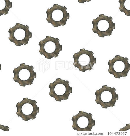 Hand-Drawn Steampunk Gear Transmission Element Seamless Pattern on White Background. Digital Paper with Metal Gear Illustration Drawn by Colored Pencil. Hand-Drawn Steampunk Gear Transmission Element Seamless Pattern on White Background. Digital Paper with Metal Gear Illustration Drawn by Colored Pencil. 104472957