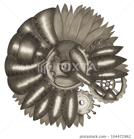 Design Element Hand Drawn Illustration of Vintage Steampunk Sunflower Isolated on Light Background. Steampunk Sunflower Drawn by Colored Pencils. Steampunk Object in Sepia Color. Design Element Hand Drawn Illustration of Vintage Steampunk Sunflower Isolated on Light Background. Steampunk Sunflower Drawn by Colored Pencils. Steampunk Object in Sepia Color. 104472962