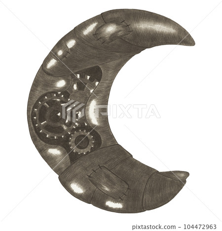 Design Element Hand Drawn Illustration of Vintage Steampunk Moon Isolated on Light Background. Steampunk Moon Drawn by Colored Pencils. Steampunk Object in Sepia Color. 104472963