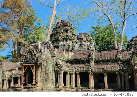 Image of the renowned Ta Prohm temple ruins, frequently visited by tourists in Cambodia. 104473082