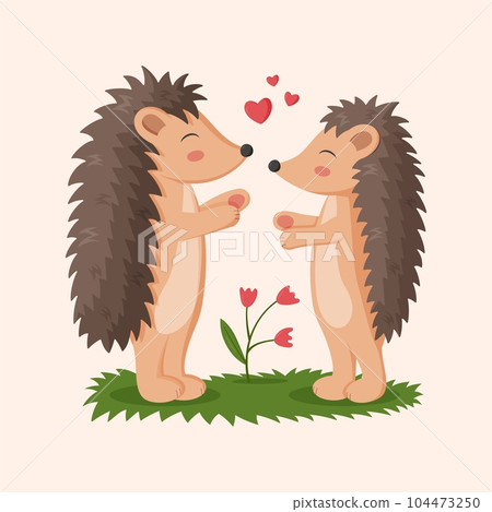 Cartoon hedgehogs. Little forest wild animals. Romantic couple. Happy woodland urchins. Funny mammals. Kiss and hugs. Valentine card. Love hearts. Cute zoo characters dating. Vector kids illustration 104473250