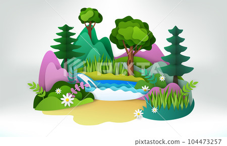 Papercut nature. Green jungle art. Origami craft landscape. Scenic mountains and eco forest world. Summer plants. Paper layers. Natural wild panorama. Environment background. Vector exact illustration Papercut nature. Green jungle art. Origami craft landscape. Scenic mountains and eco forest world. Summer plants. Paper layers. Natural wild panorama. Environment background. Vector exact illustration 104473257