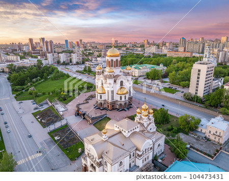 Summer Yekaterinburg, Temple on Blood and Church of St Nicholas in sunset. Aerial view of Yekaterinburg, Russia. Translation of text on the temple 104473431