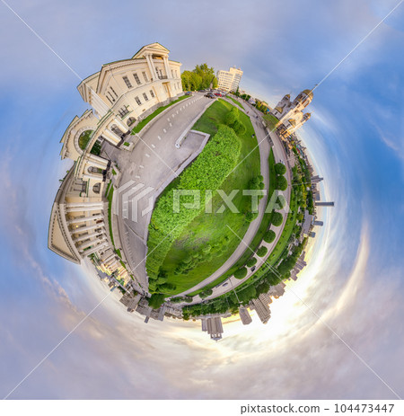Yekaterinburg, Russia. Historic building of Rastorguev - Haritonov and Temple on Blood in summer sunset, aerial view. Little planet sphere mode. Yekaterinburg, Russia. Historic building of Rastorguev - Haritonov and Temple on Blood in summer sunset, aerial view. Little planet sphere mode. 104473447