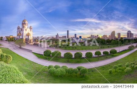 Summer Yekaterinburg and Temple on Blood in beautiful clear sunset.. Aerial view of Yekaterinburg, Russia. Translation of the text on the temple 104473449