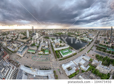 Yekaterinburg City Administration or City Hall and Central square at summer evening. Evening city in the summer sunset, Aerial View. 104473450
