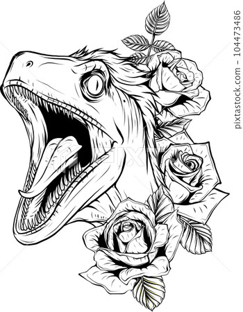 Hand drawn illustration of a raptor dinosaur outline 104473486