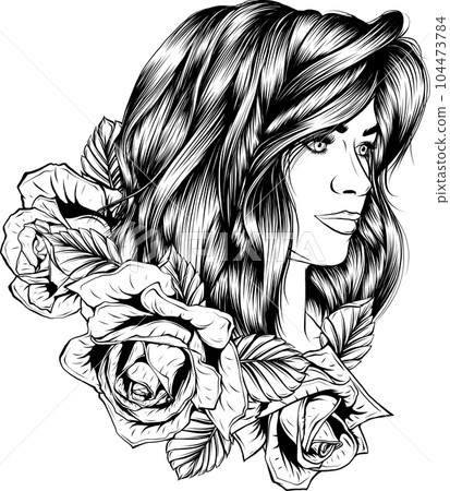 Vector woman face. beautiful girl with long wavy hair curls. 104473784