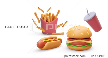 3d realistic Hamburger, Hot Dog, soda and fries potatoes on white background. Vector illustration. 104473903