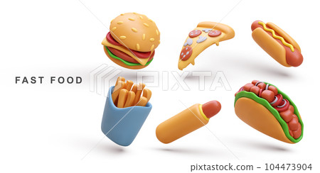 3d realistic set Hamburger, Pizza, Hot Dog, Taco and fries potatoes. Vector illustration. 104473904