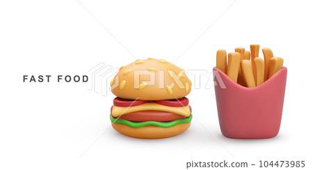 3d realistic Hamburger and fries potatoes on white background. Vector illustration. 3d realistic Hamburger and fries potatoes on white background. Vector illustration. 104473985