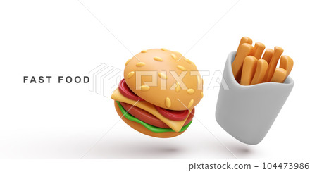 3d realistic Hamburger and fries potatoes. Vector illustration. 3d realistic Hamburger and fries potatoes. Vector illustration. 104473986