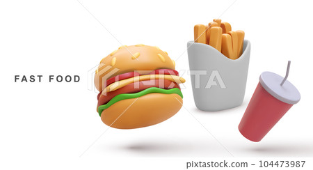 3d realistic Hamburger and soda, fries potatoes on white background. Vector illustration. 104473987