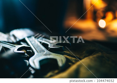 Spanners. Various spanners. Set of wrench tool equipment. 104474032