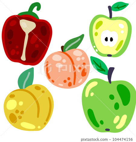 Fruits and vegetables isolated on white. Set of fresh vegetarian food. Delicious sweet snack dessert in colorful cartoon style 104474156
