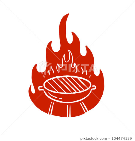 Barbecue logo. Grilled meat on fire. Red silhouette of brazier flame. Simple cartoon illustration isolated on white Barbecue logo. Grilled meat on fire. Red silhouette of brazier flame. Simple cartoon illustration isolated on white 104474159