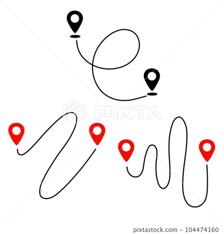 Black route tracking icon. Simple 2 pins path. Searching global mobile GPS navigation. Set of Line distance illustration isolated on white Black route tracking icon. Simple 2 pins path. Searching global mobile GPS navigation. Set of Line distance illustration isolated on white 104474160