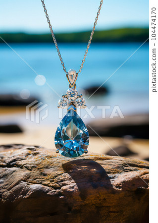 Close-up view of aquamarine pendant with diamonds 104474170