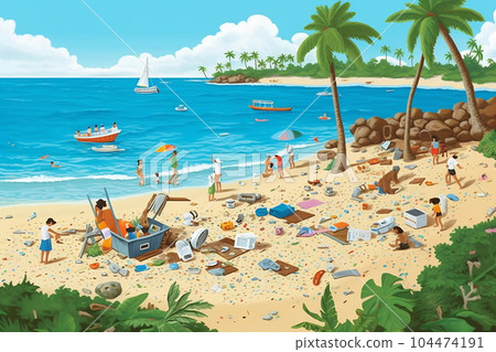 Dirty beach pollution sea view. Garbage and trash on the sand beach. Plastic garbage disposed of improperly throwing away on the ground. Rubbish fell near the ocean water 104474191