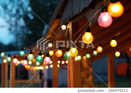 Blurred photo of camping tents with lighting decoration at night Blurred photo of camping tents with lighting decoration at night 104474212