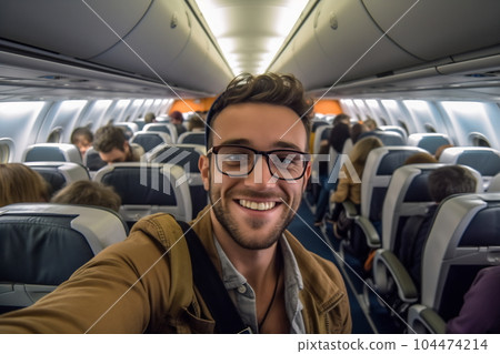 A handsome man taking a selfie with a mobile phone on board of plane. Smiling people having fun flying during the time on the airplane. Concept of happiness on airplane A handsome man taking a selfie with a mobile phone on board of plane. Smiling people having fun flying during the time on the airplane. Concept of happiness on airplane 104474214