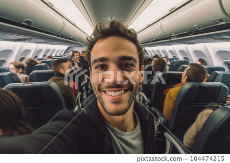A handsome man taking a selfie with a mobile phone on board of plane. Smiling people having fun flying during the time on the airplane. Concept of happiness on airplane A handsome man taking a selfie with a mobile phone on board of plane. Smiling people having fun flying during the time on the airplane. Concept of happiness on airplane 104474215