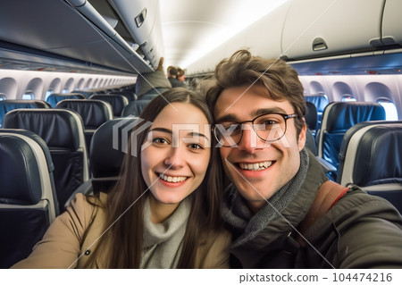 A handsome man taking a selfie with a mobile phone on board of plane. Smiling people having fun flying during the time on the airplane. Concept of happiness on airplane A handsome man taking a selfie with a mobile phone on board of plane. Smiling people having fun flying during the time on the airplane. Concept of happiness on airplane 104474216